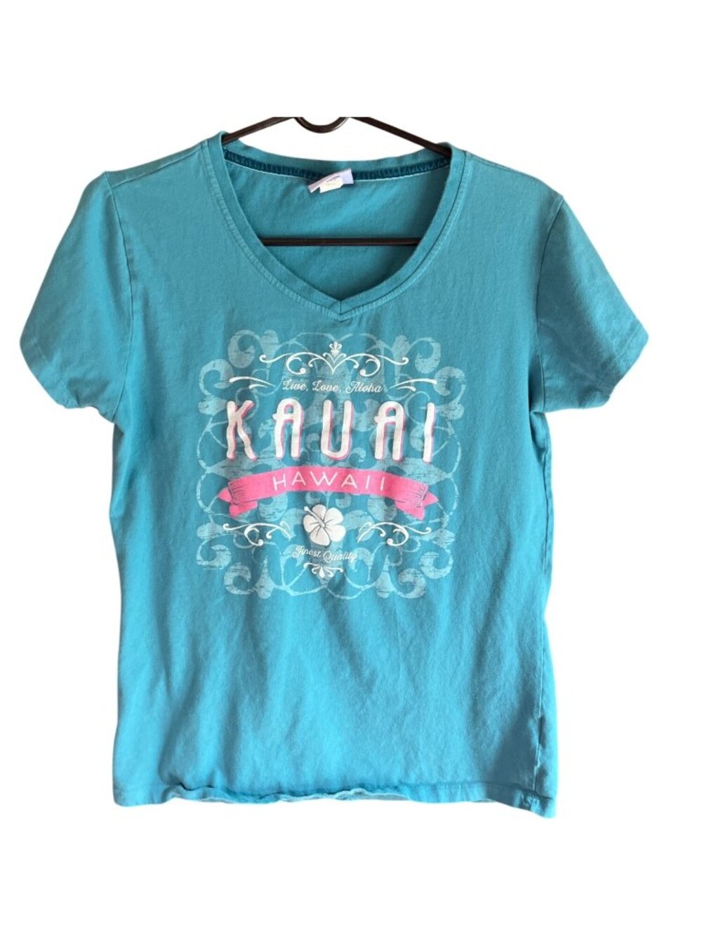 Live Love Aloha Kauai Hawaii Blue V-Neck T-Shirt By E.M.I Sportswear Size Large